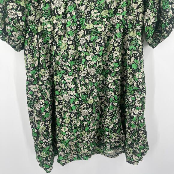 Ellos Dress Size 18 Green Black Floral Print Notch Neck Empire Puff Sleeve Plus - Picture 12 of 15